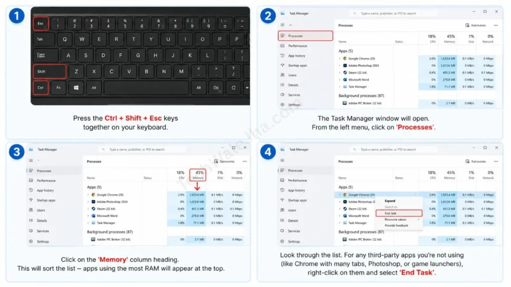 Close Heavy Background Apps Using Task Manager