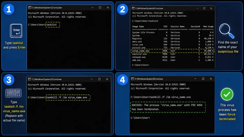 how to Kill Active Processes using Taskkill
