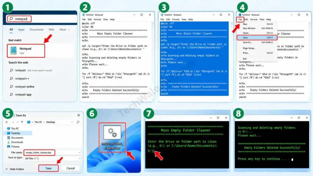 Create the Empty Folder Cleaner Script Manually (BAT Code)