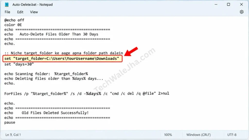 Editing the target folder path string inside Notepad