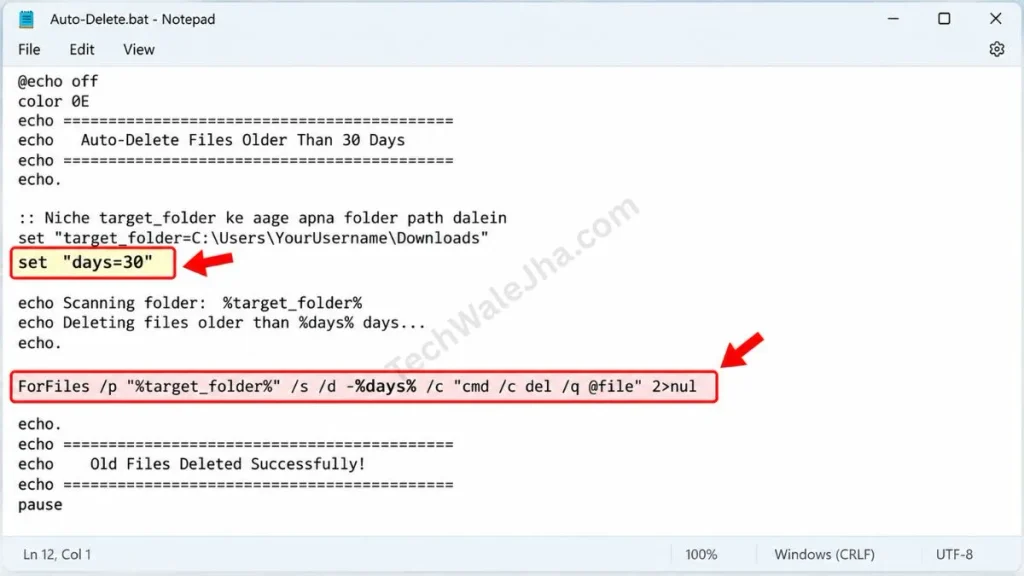 Notepad window showing the ForFiles command and day 30 logic