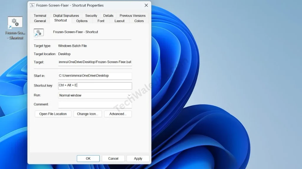 The Shortcut Key box inside the file Properties window showing Ctrl + Alt + E
