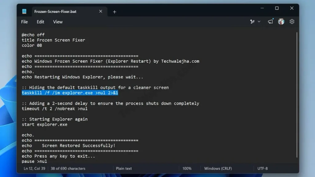 Windows Frozen Screen Fix Script Manually bat code