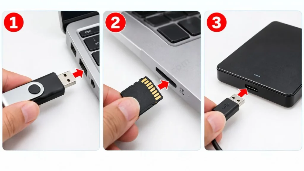 insert your USB drive, SD card, or hard drive
